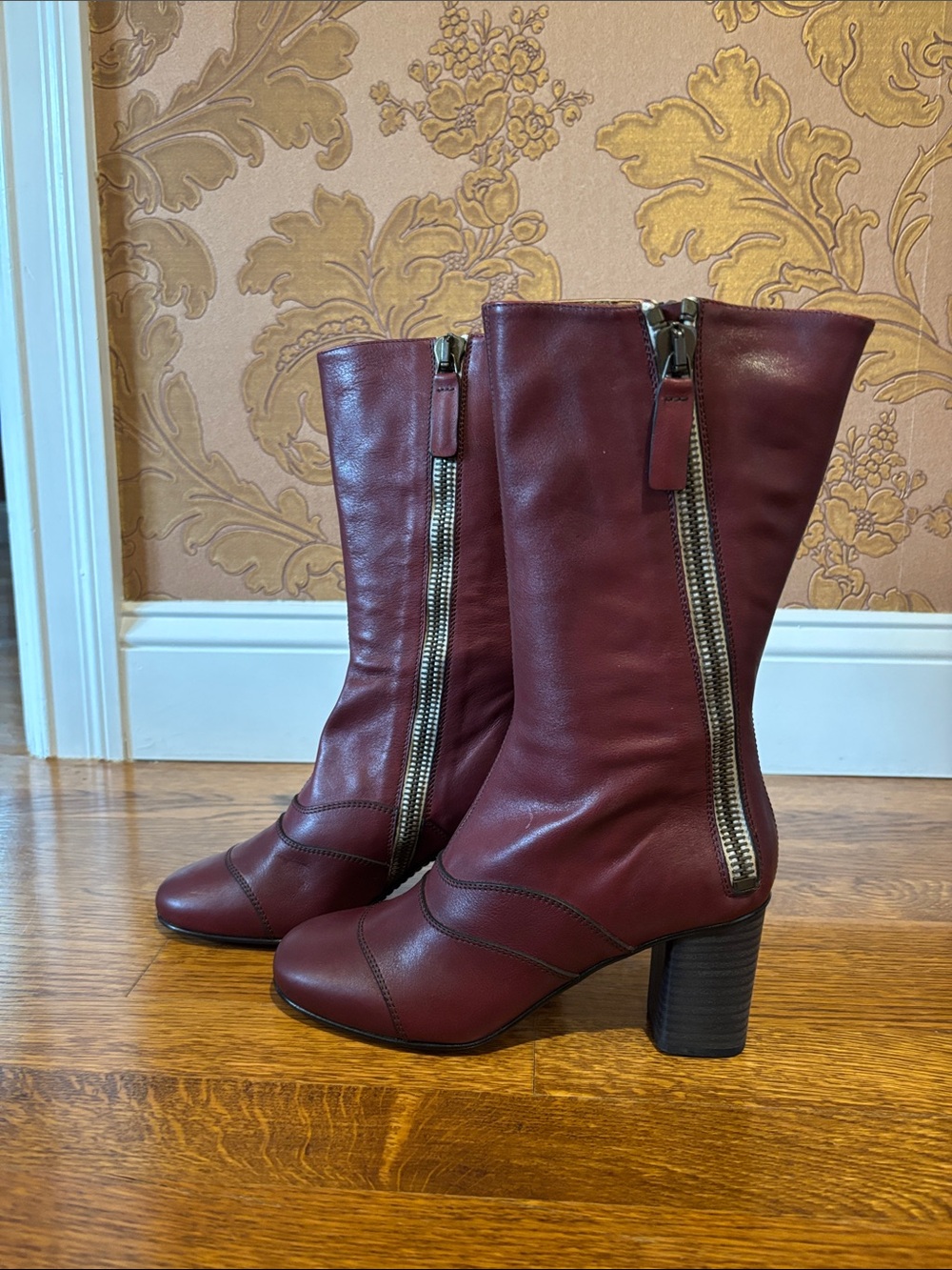Chloe Burgundy Leather Mid-Calf Zip Heeled Boots